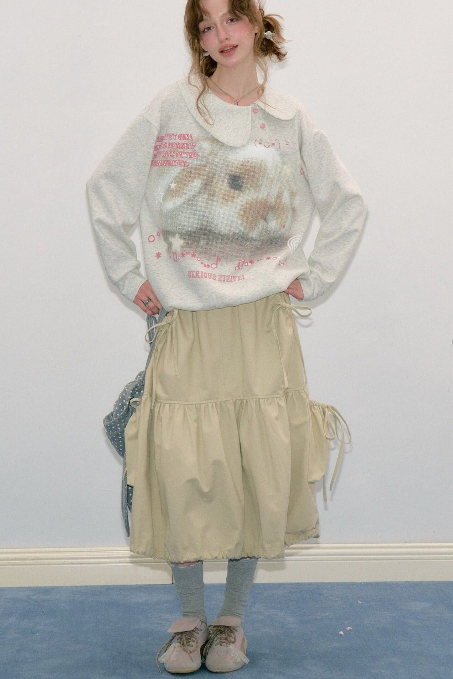 Polka Dot Rabbit Print Doll Collar Sweatshirt