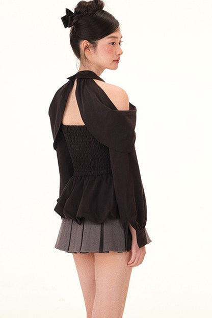 Black Shirt and Gray Pleated Skirt Set-Up
