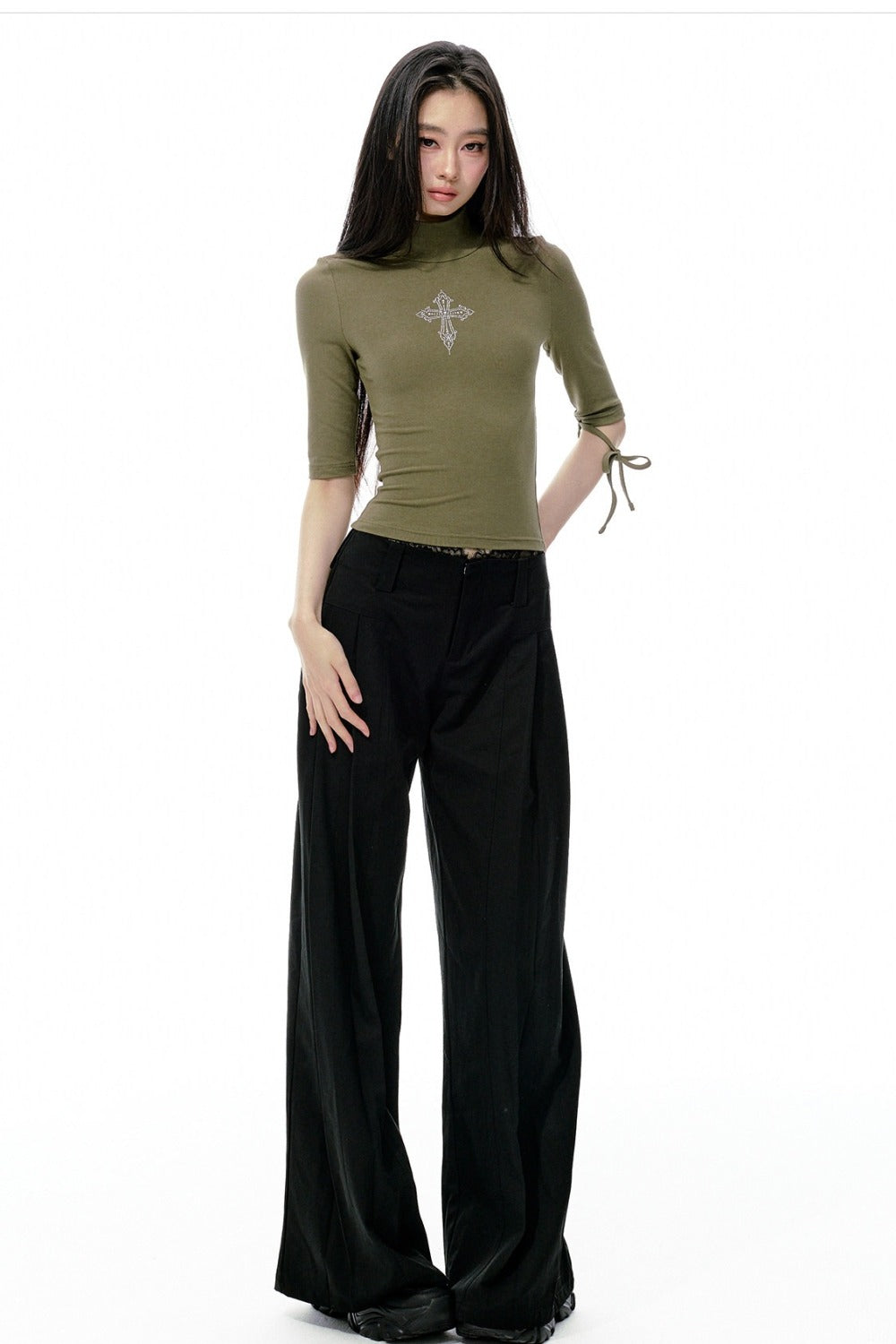 High-Neck Tie-Up Mid-Sleeve Slim-Fit Top