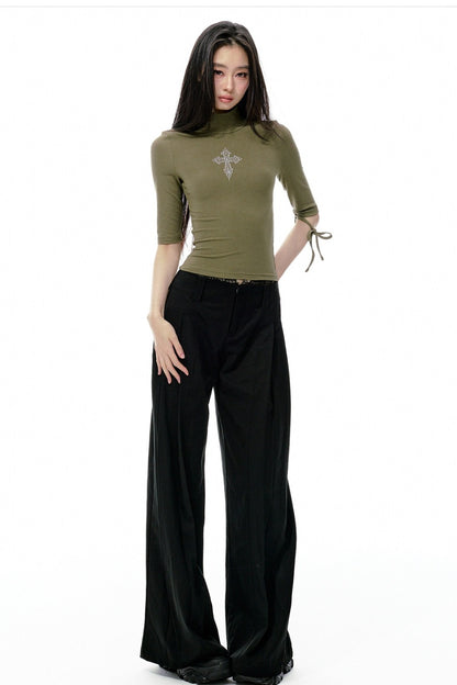 High-Neck Tie-Up Mid-Sleeve Slim-Fit Top