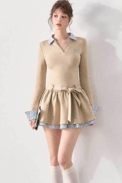 Bow Belt Knit Layered-Look Dress