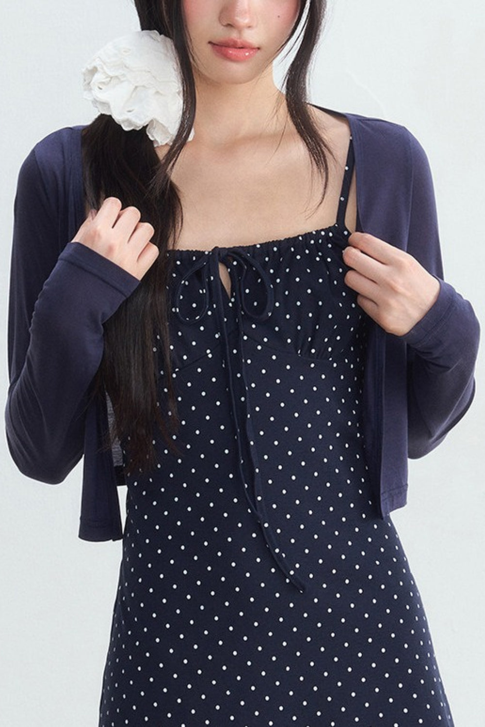 Navy Polka Dot Suspender Dress With Cardigan