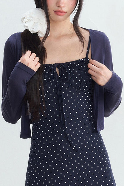 Navy Polka Dot Suspender Dress With Cardigan