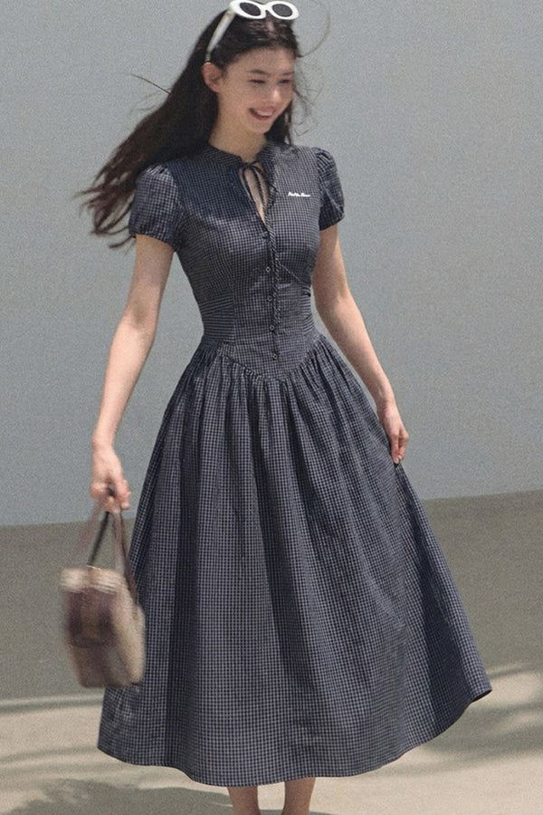 Short Sleeve Waist-Cinching Plaid Dress