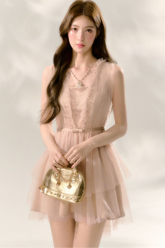 Nude Ballet Bow Lace Puffy Dress