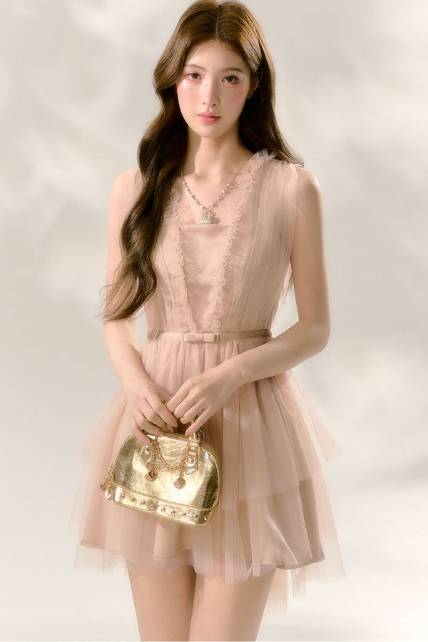 Nude Ballet Bow Lace Puffy Dress