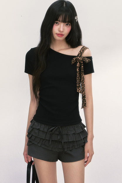 Leopard Bow Asymmetrical Shoulder Short Sleeve T-Shirt