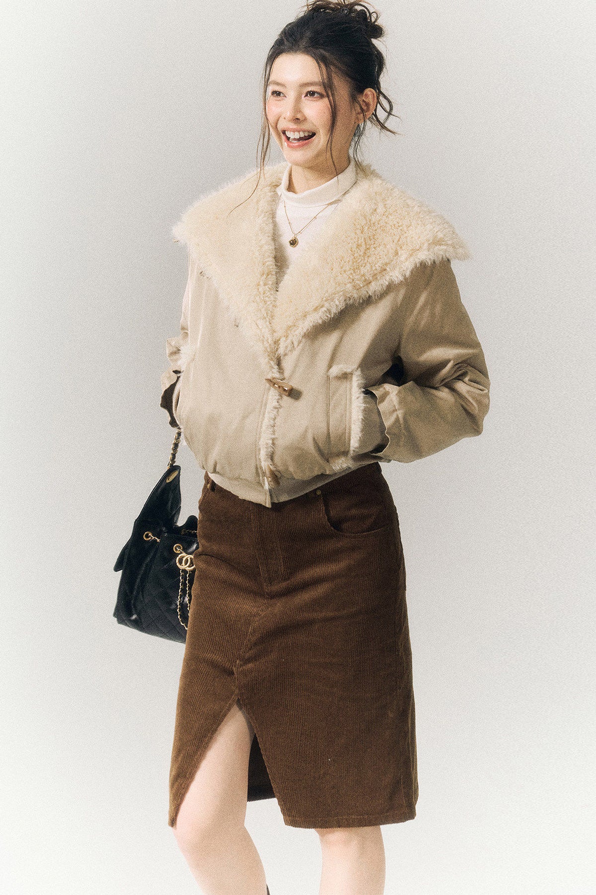 Horn Button Short Fur Coat
