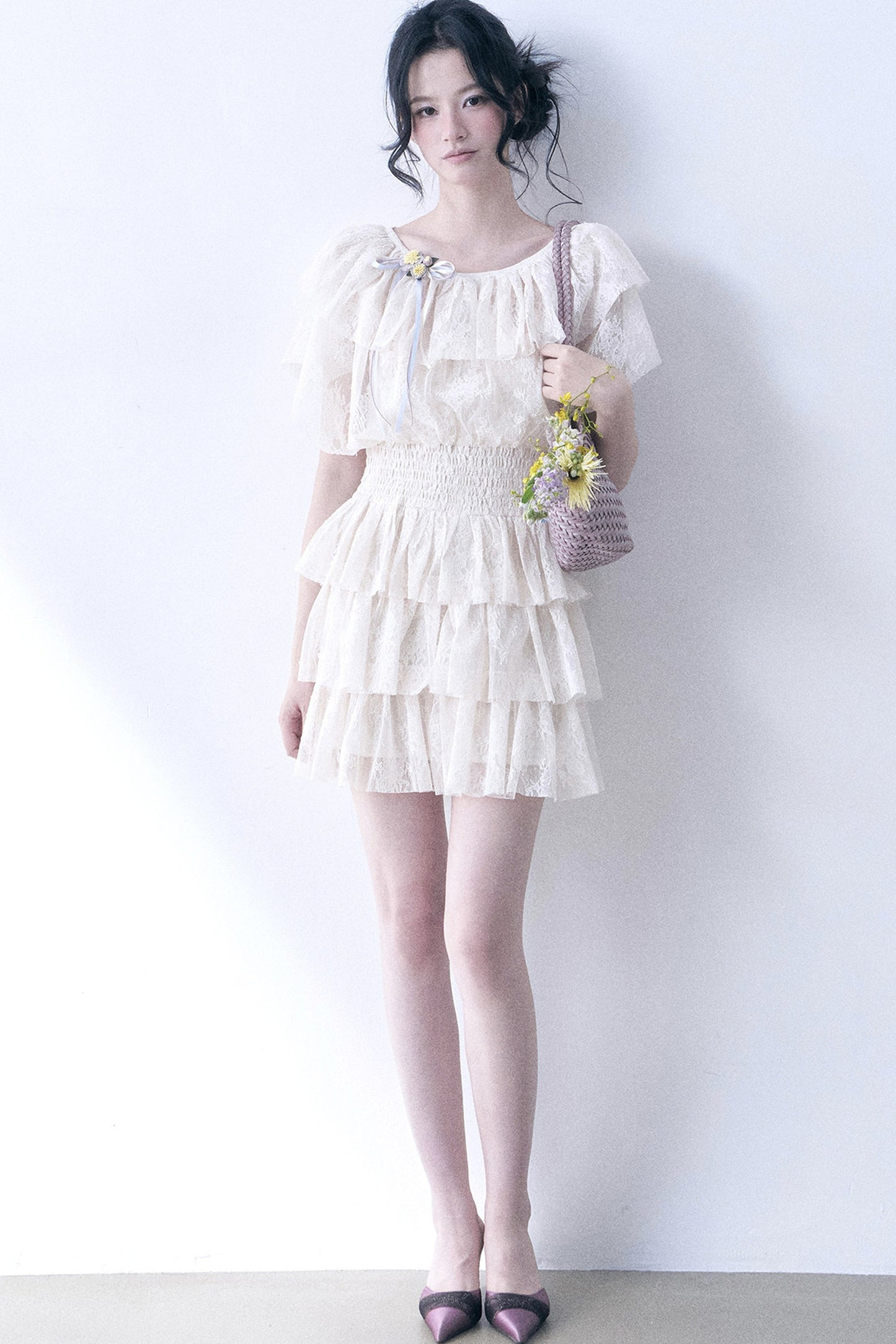 Layered Lace Ruffle Flutter Sleeve Tiered Dress