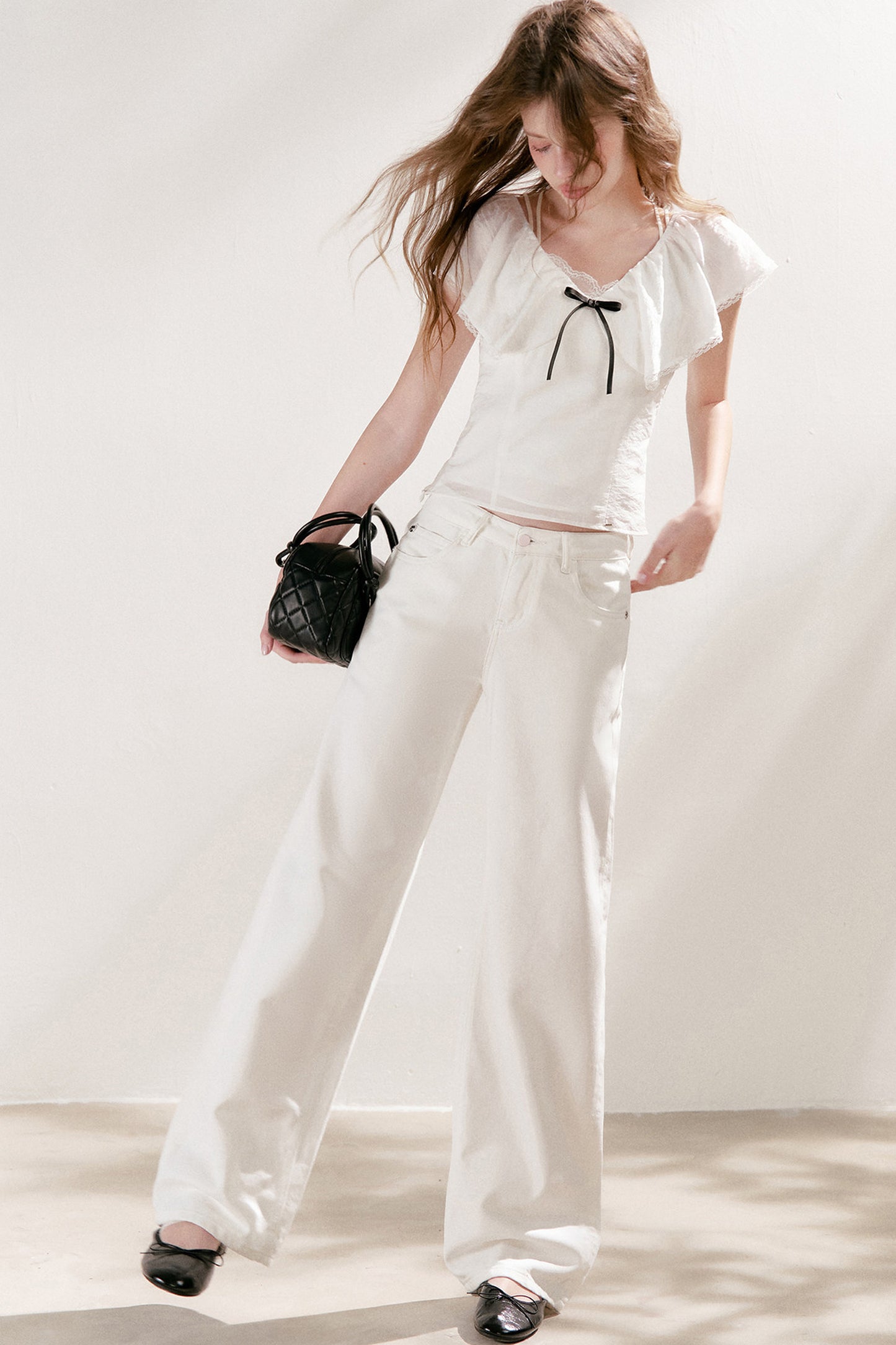 Lyocell Linen Ruffle Bow V-Neck Top and Skirt Set-Up
