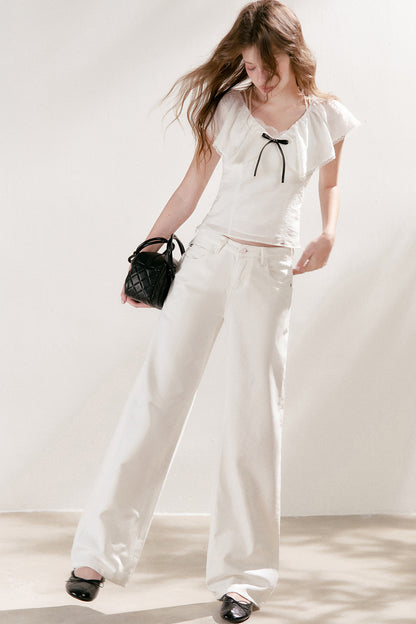 Lyocell Linen Ruffle Bow V-Neck Top and Skirt Set-Up