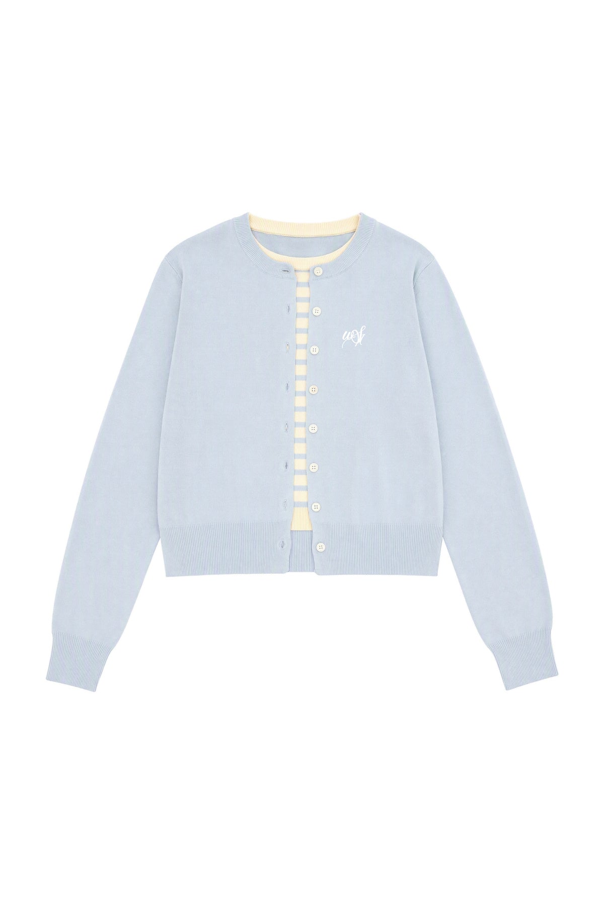 Light Blue Knitted Cardigan and Polka Dot Midi Skirt Set-Up