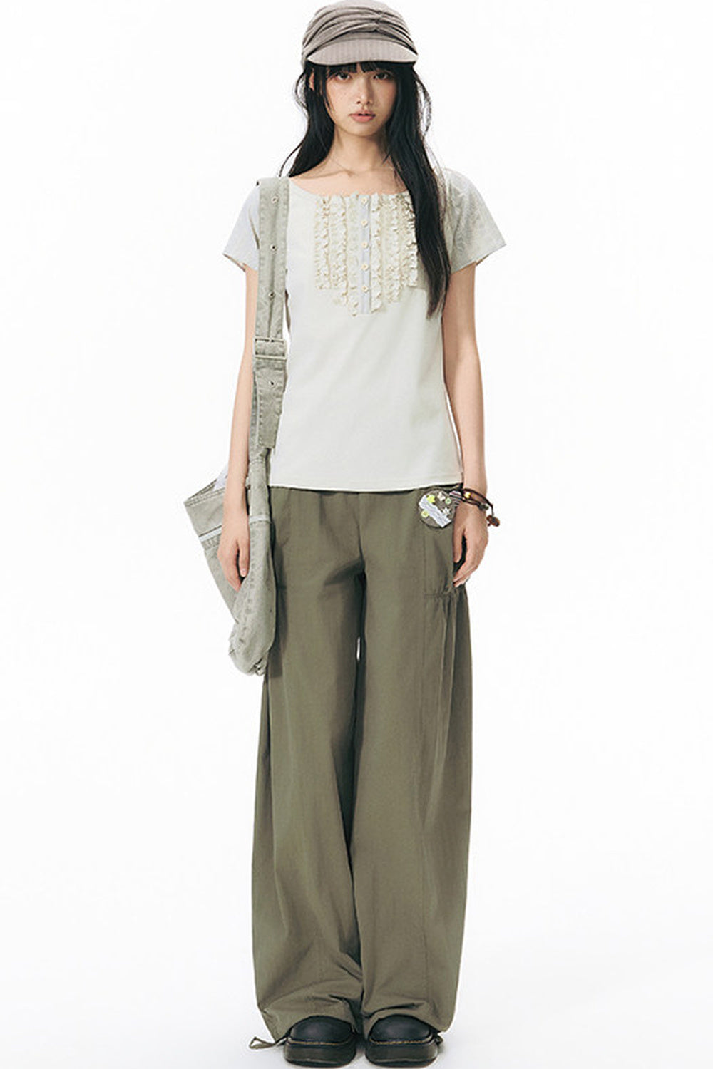 Patchwork Waistband Pocket Wide-Leg Cargo Pants