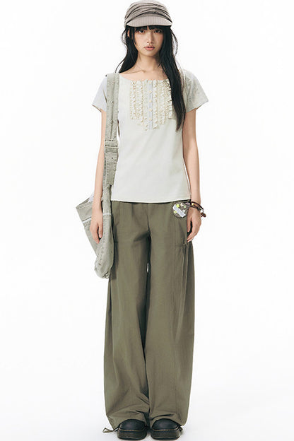 Patchwork Waistband Pocket Wide-Leg Cargo Pants