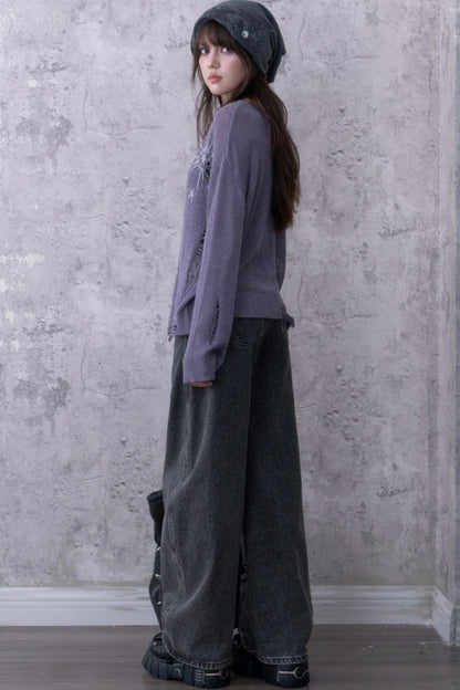 Purple Ripped Knit Print Sweater