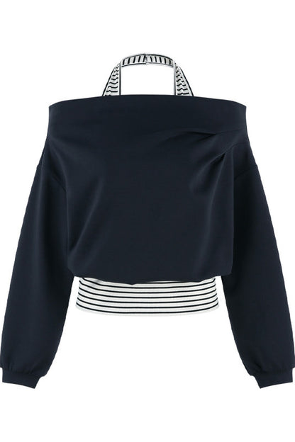 One-Shoulder Striped Sweatshirt and Wide-Leg Pants Set-Up