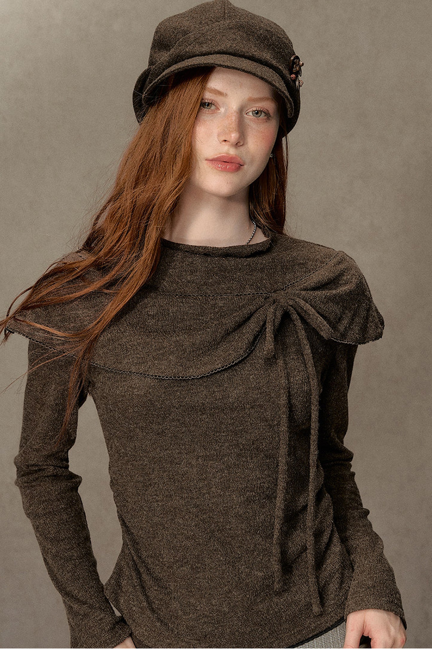 Bowknot Cape Collar Long Sleeve Top