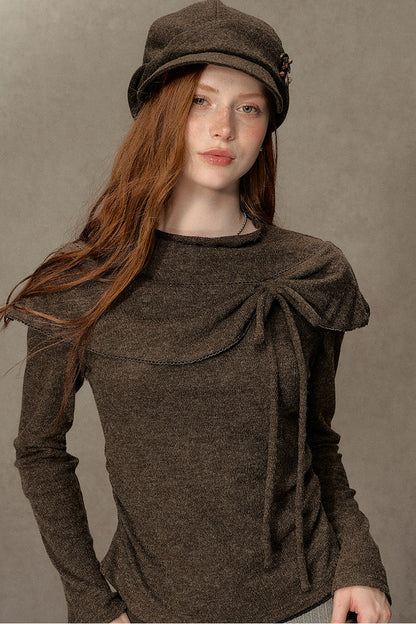 Bowknot Cape Collar Long Sleeve Top