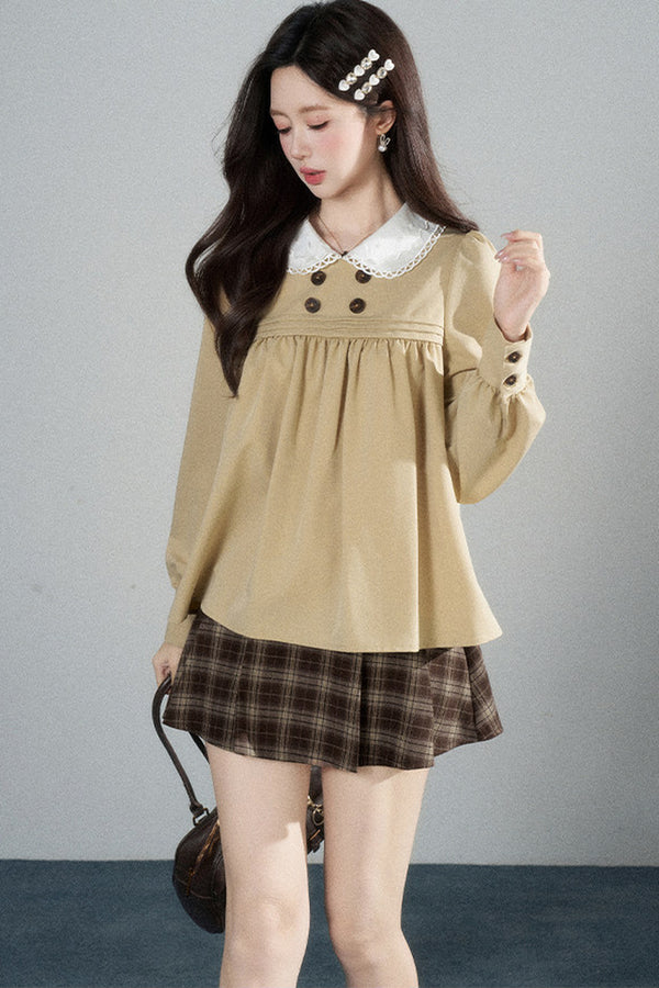 Khaki Doll Collar Pullover Shirt and Skirt Set-Up
