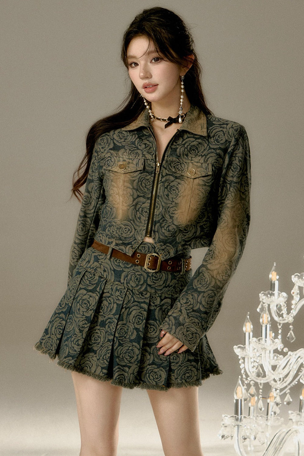 Floral Denim Skirt With Belt