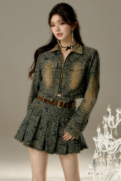 Floral Denim Skirt With Belt