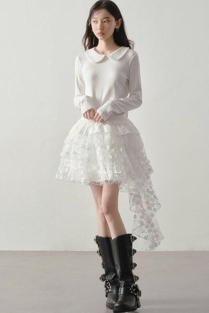 White Long-Sleeved Peter Pan Collar Top