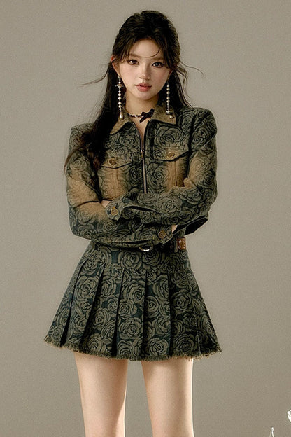Floral Denim Skirt With Belt