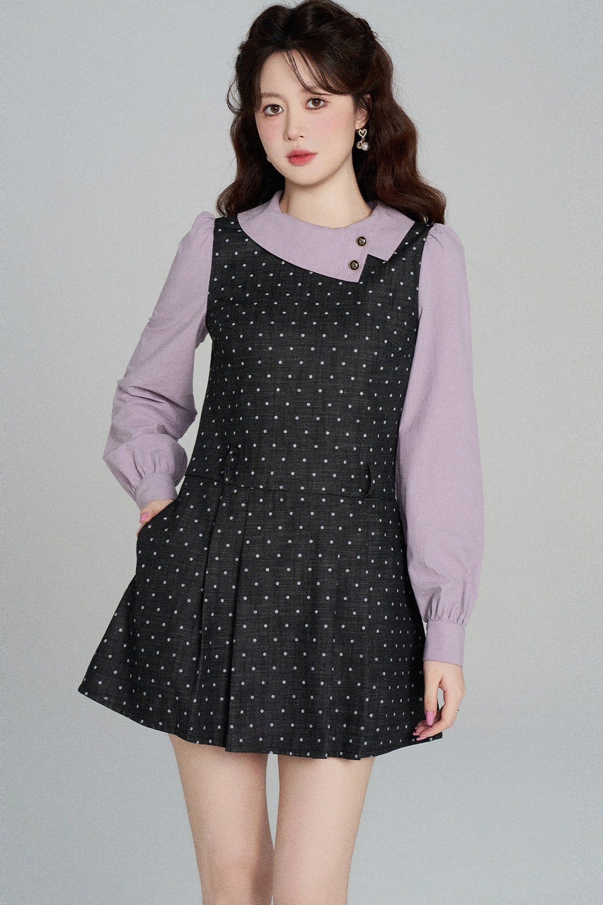 Black Purple Polka Dot Long Sleeve Dress