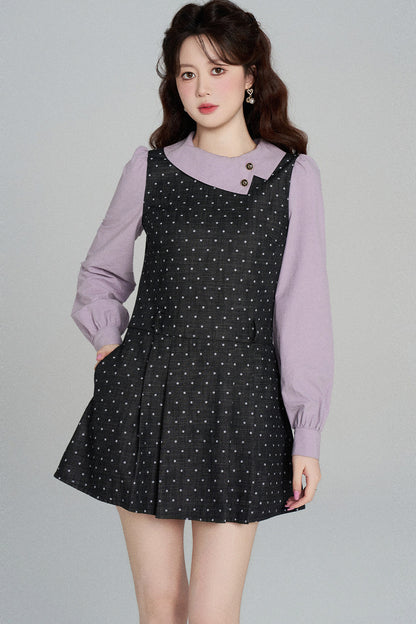 Black Purple Polka Dot Long Sleeve Dress