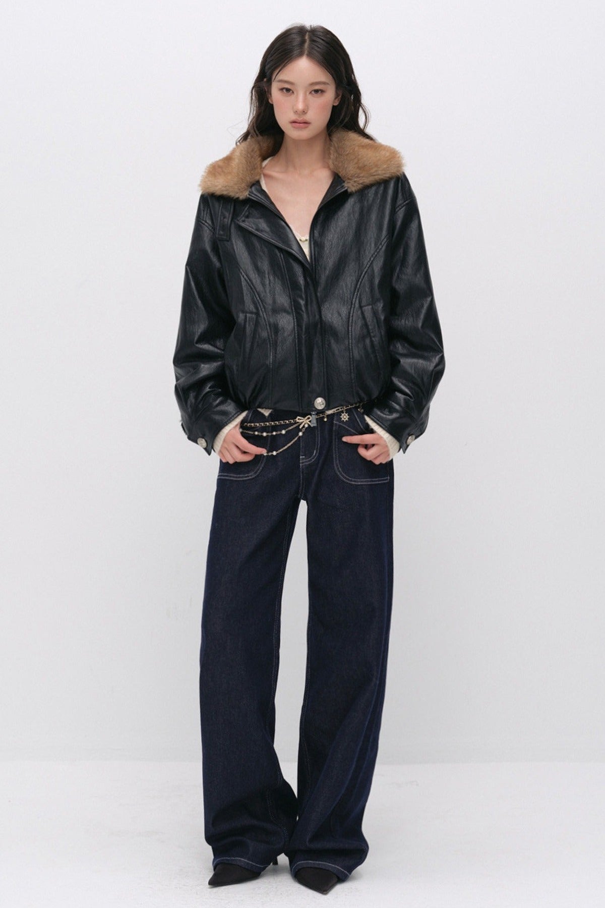 Textured Leopard Fur Collar PU Jacket
