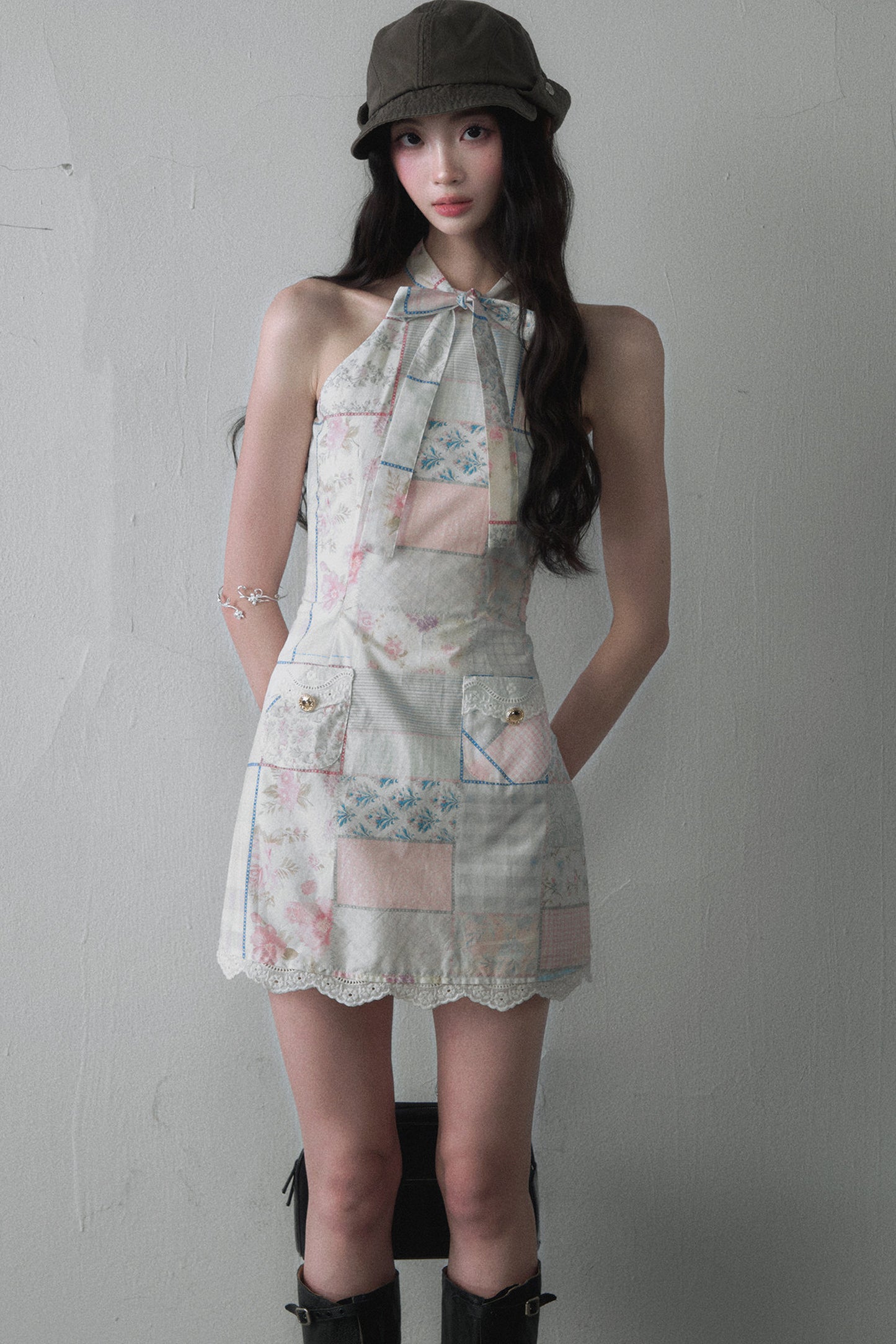Patchwork Halter Bow Tie Sleeveless Lace Dress