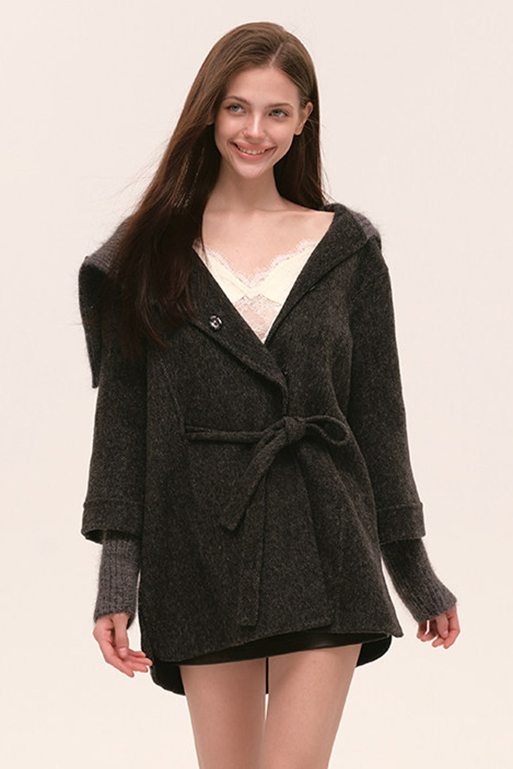 Asymmetrical Knit Collar Tie-Up Wool Coat