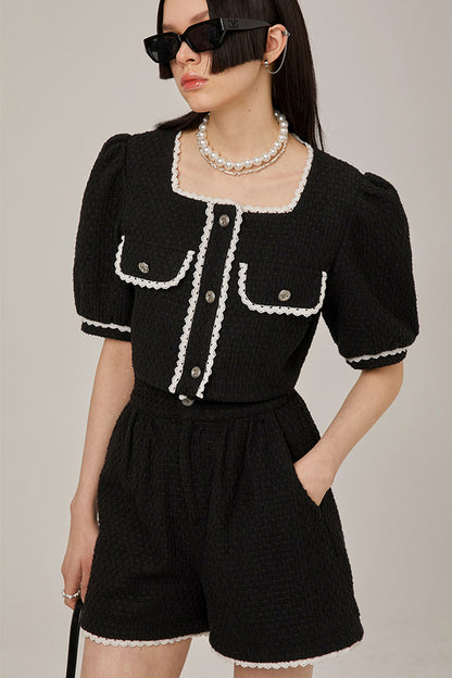 High-Waisted Lace Trim Tweed Shorts