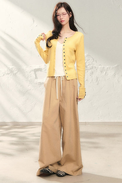Yellow Long-Sleeve Knit Cardigan Set with Camisole and Pants Set-Up