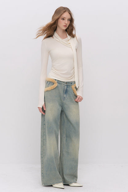 Fur Patch Wide-Leg Jeans