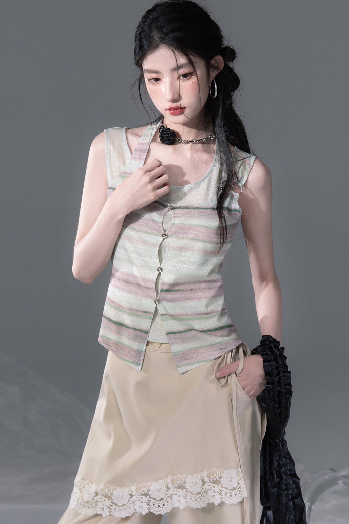 Bamboo Yarn Layered-Look Knitted Camisole Top