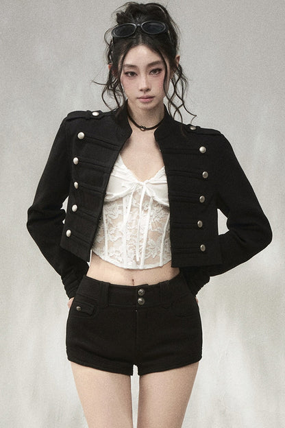 Double-Breasted Metal Button Stand Collar Short Jacket