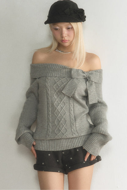 Off-Shoulder Bowknot Cable Knit Top and Pants Set-Up