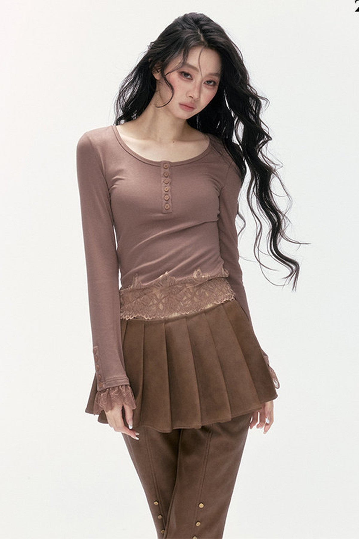 Asymmetrical Lace Henley Long-Sleeved Shirt