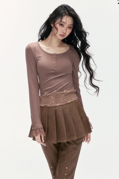 Asymmetrical Lace Henley Long-Sleeved Shirt