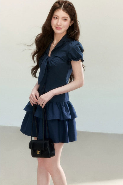 Navy Plaid V-Neck Dress