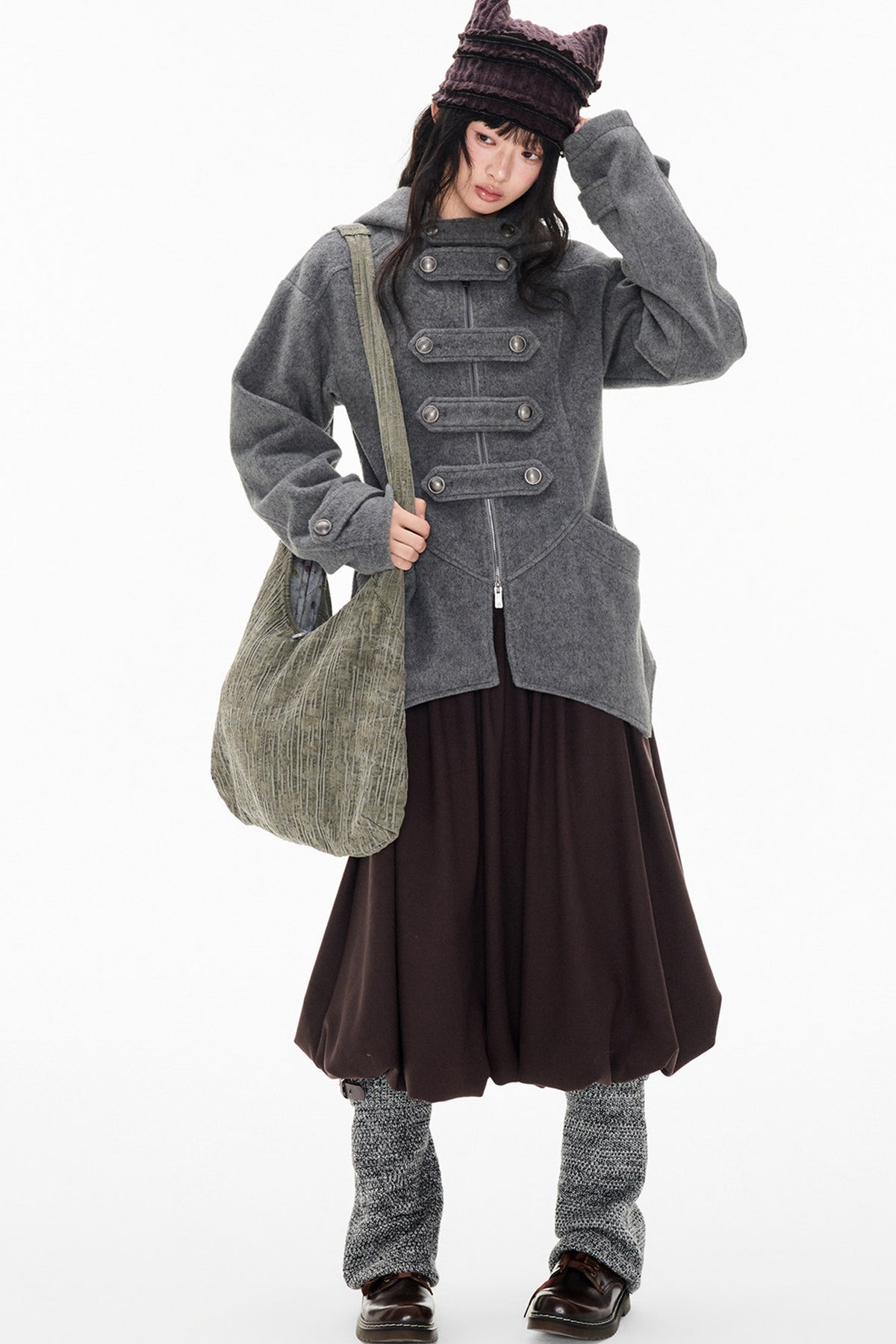 Woolen Hooded Irregular Hem Jacket