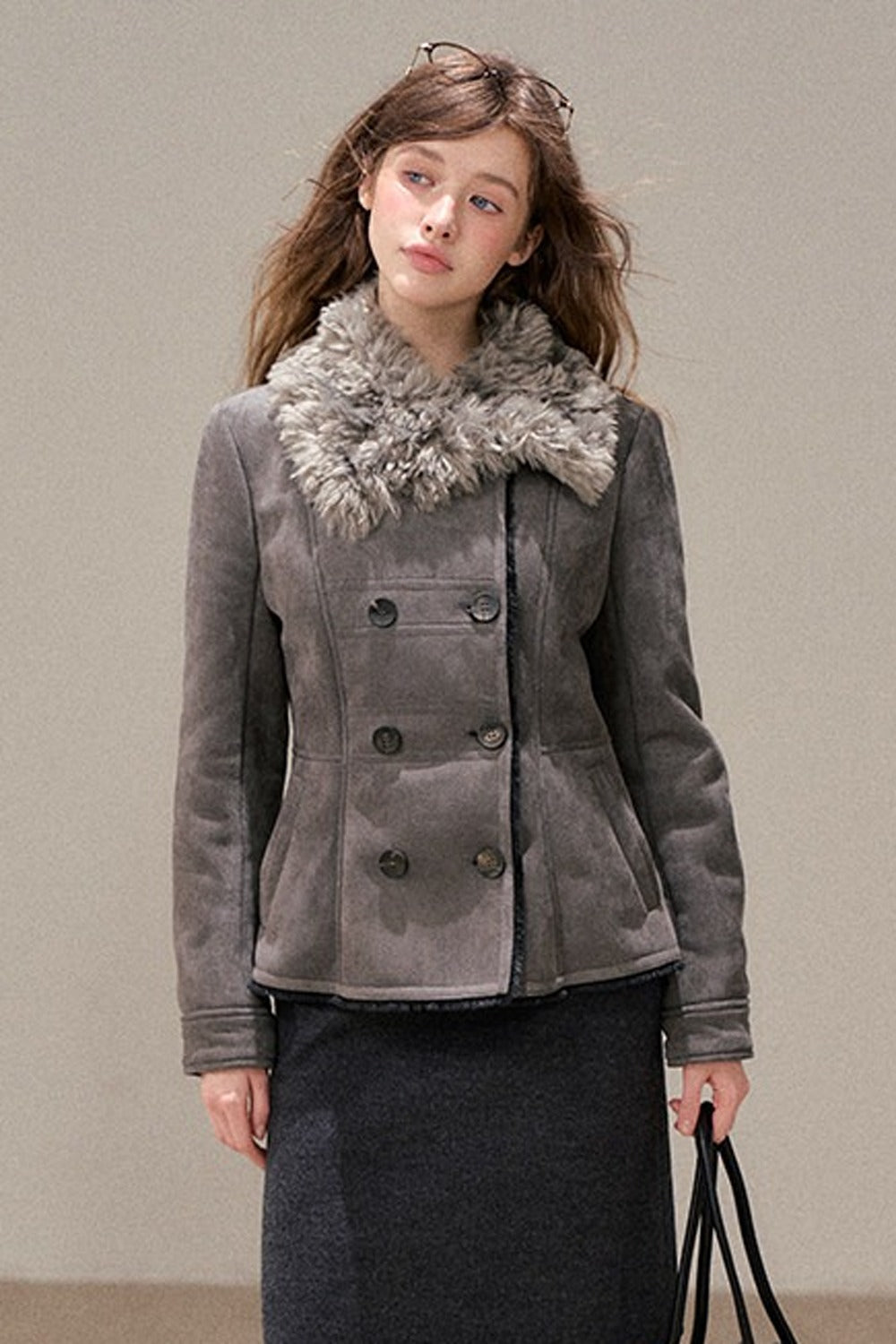 Double-Breasted Fur Collar Jacket