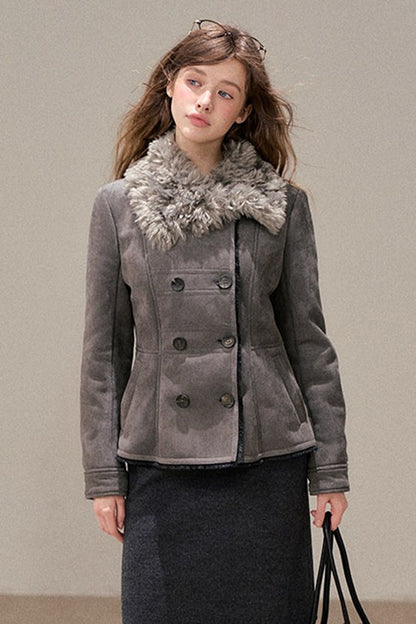 Double-Breasted Fur Collar Jacket