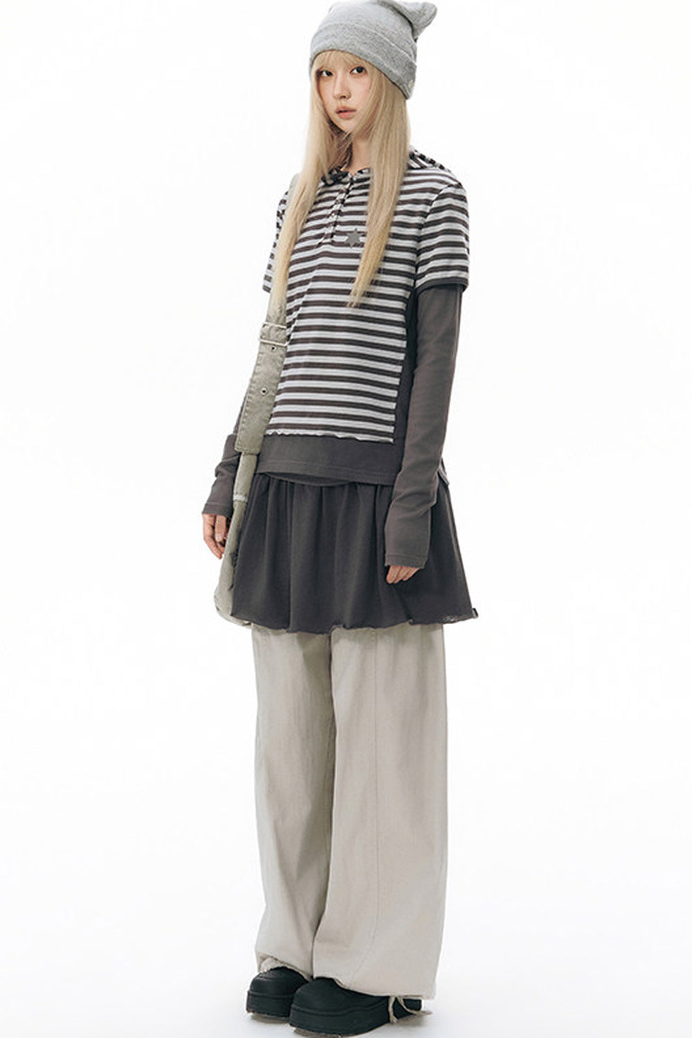 Striped Hooded Knit Short-Sleeve Top