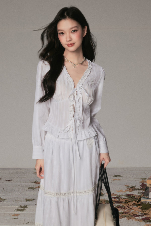 Lace V-Neck Tie Long-Sleeve Shirt