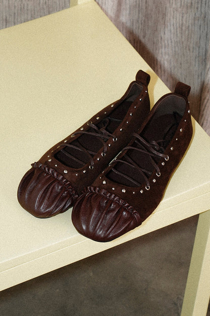 Leather Rivet Lace-Up Ballet Shoes