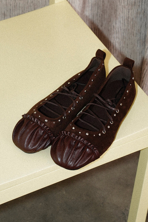 Leather Rivet Lace-Up Ballet Shoes