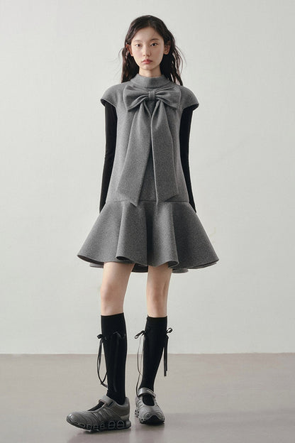 Woolen Bow Flutter Sleeve Dress