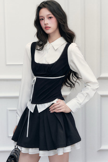 Retro Bow Layered-Look Top and Black Short Skirt Set-Up